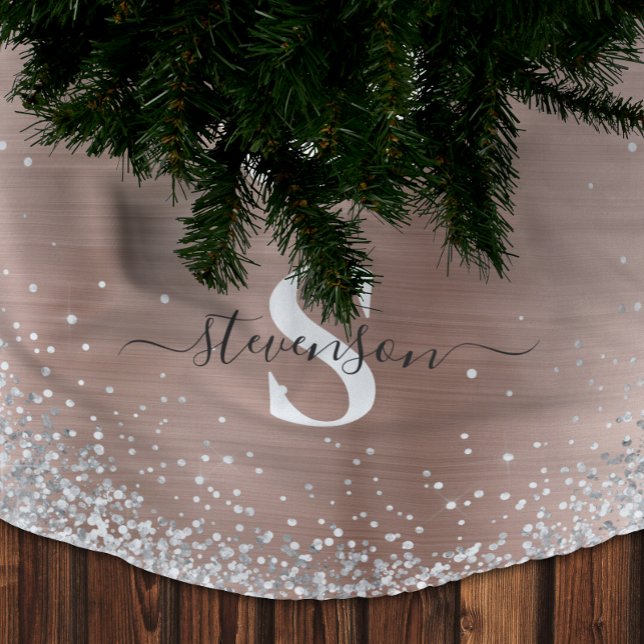 Jupon De Sapin En Polyester Brossé Monogramme Rose or Parties scintillant argent glam (Monogram Rose Gold Silver Glitter Glam Brushed Brushed Polyester Tree Skirt)