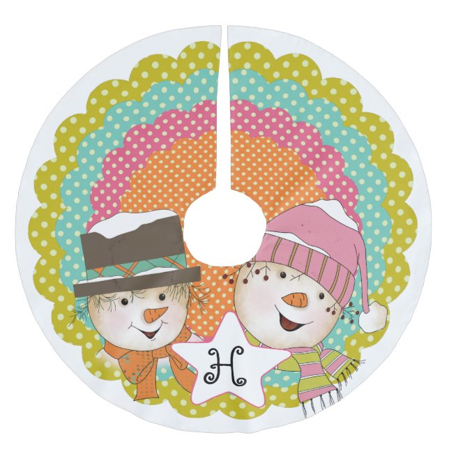 Jupon De Sapin En Polyester Brossé Monogramme Snowmen initial sur jupe multi-points (Devant)