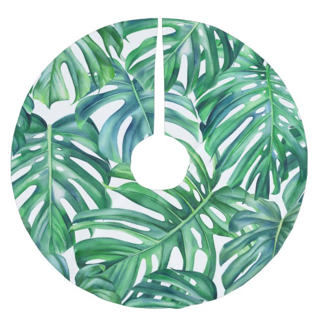 Jupon De Sapin En Polyester Brossé Monstera Feuilles : Aquarelle Motif Jungle. (Devant)
