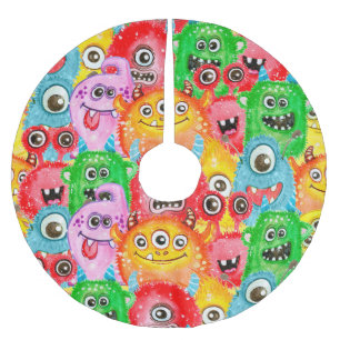 Jupon De Sapin En Polyester Brossé Monstres Drôle, Aquarelle Motif sans couture.