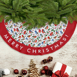 Jupon De Sapin En Polyester Brossé Motif aquarelle de Noël rouge blanc Robin rétro