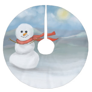 Jupon De Sapin En Polyester Brossé Motif avec bonhomme de neige