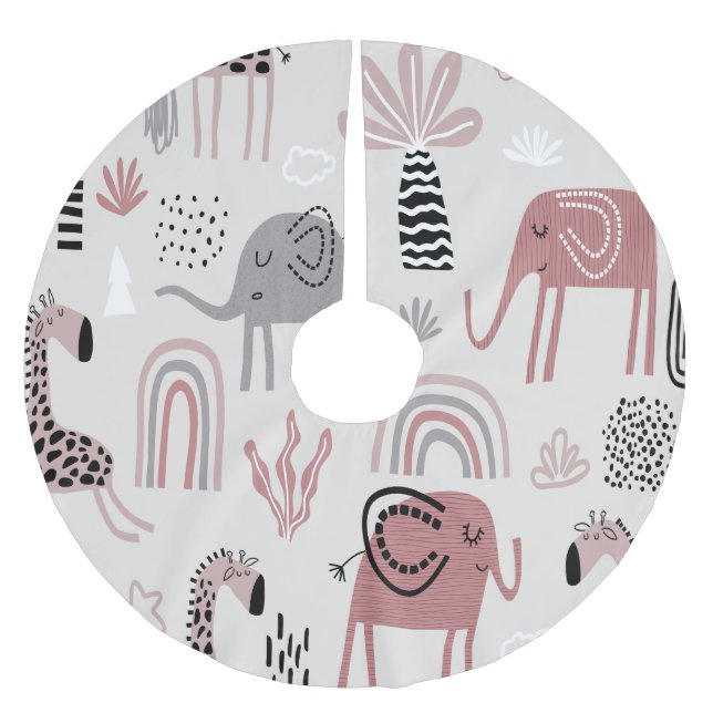 Jupon De Sapin En Polyester Brossé motif avec de mignons éléphants et girafes géant (Devant)