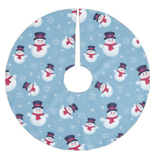 Jupon De Sapin En Polyester Brossé Motif bleu de Noël avec des bonhommes de neige et