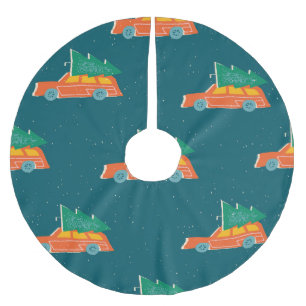 Jupon De Sapin En Polyester Brossé Motif d'arbre de Noël de voiture rétro