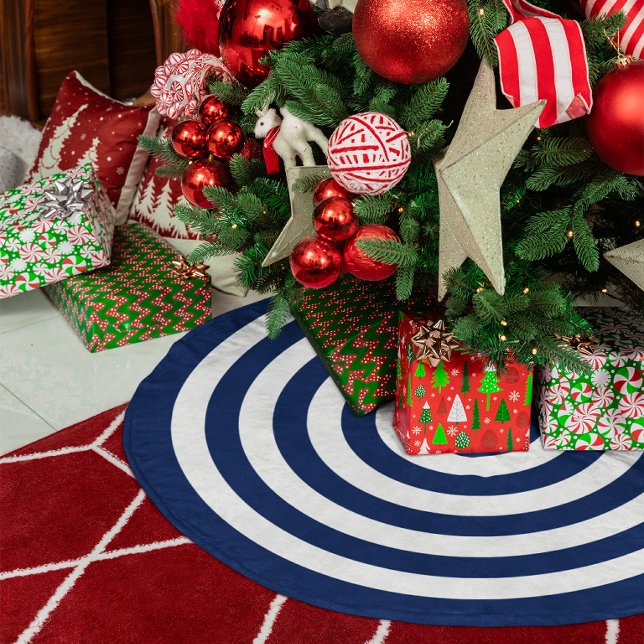 Jupon De Sapin En Polyester Brossé Motif de cercles concentriques Navy et Blanc (Dark Navy Blue and White Concentric Circles Rings Pattern Brushed Polyester Christmas Tree Skirt)