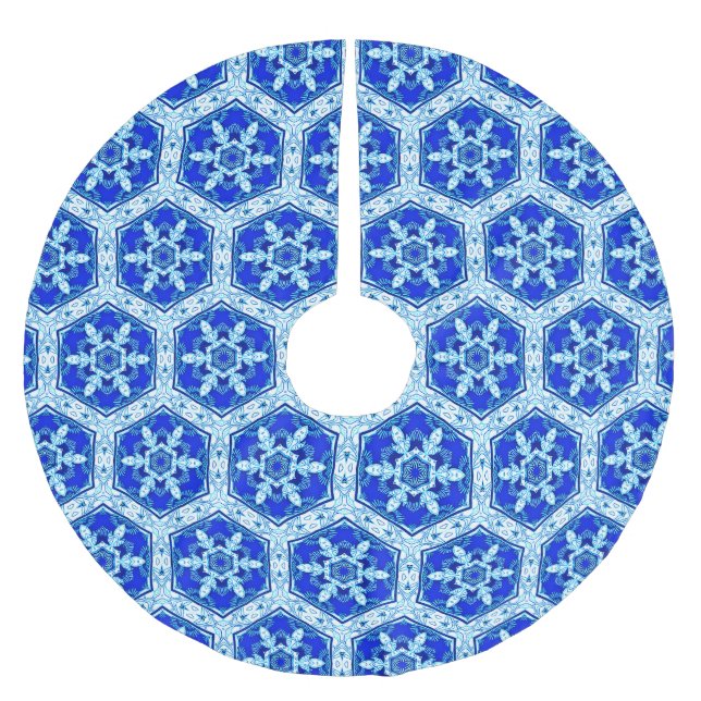 Jupon De Sapin En Polyester Brossé Motif de fermeture de flocon de neige - Bleu et bl (Devant)