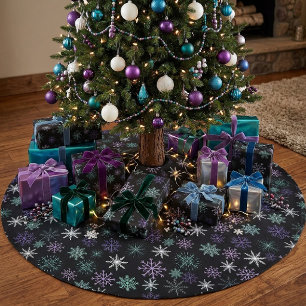 Jupon De Sapin En Polyester Brossé Motif de flocon de neige de Noël noir violet menth