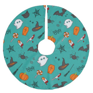 Jupon De Sapin En Polyester Brossé Motif de style plat Halloween Turquoise.