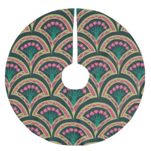 Jupon De Sapin En Polyester Brossé Motif de ventilateur floral rose et vert