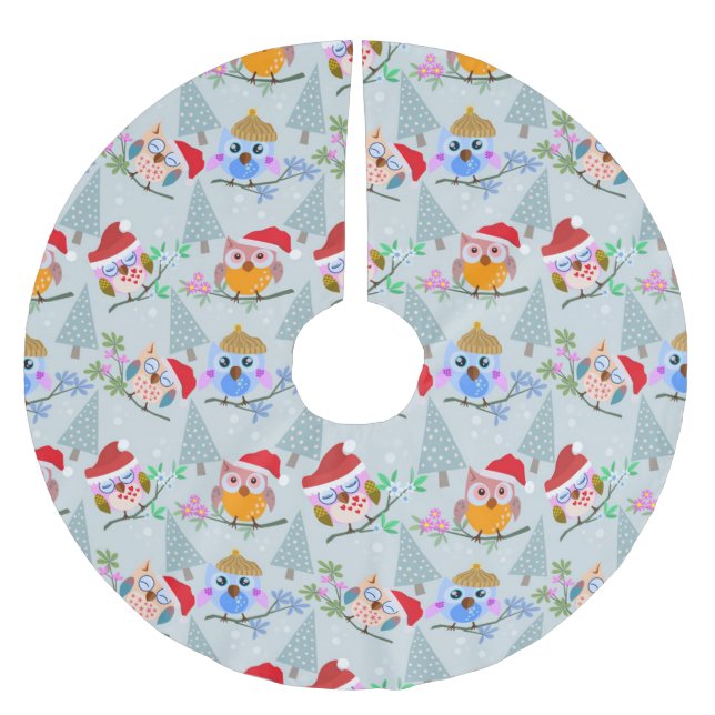 Jupon De Sapin En Polyester Brossé Motif des Chouettes de Noël (Devant)