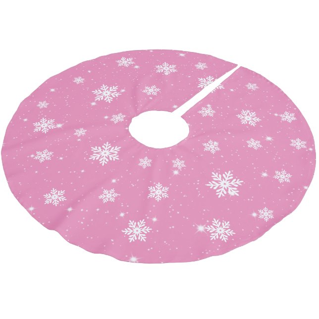 Jupon De Sapin En Polyester Brossé Motif d'hiver du flocon de neige rose (Angle)