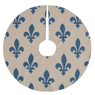 Jupon De Sapin En Polyester Brossé Motif Fleur de Lis, Bleu Royal Français sur Crème