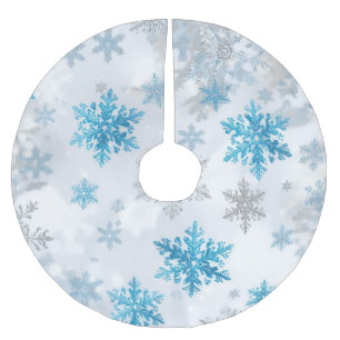 Jupon De Sapin En Polyester Brossé Motif Flocon de Neige de Noël Bleu et Blanc