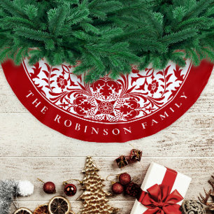 Jupon De Sapin En Polyester Brossé Motif floral de Noël rétro élégant rouge blanc