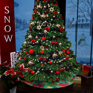 Jupon De Sapin En Polyester Brossé Motif floral Festif Rouge Poinséttia