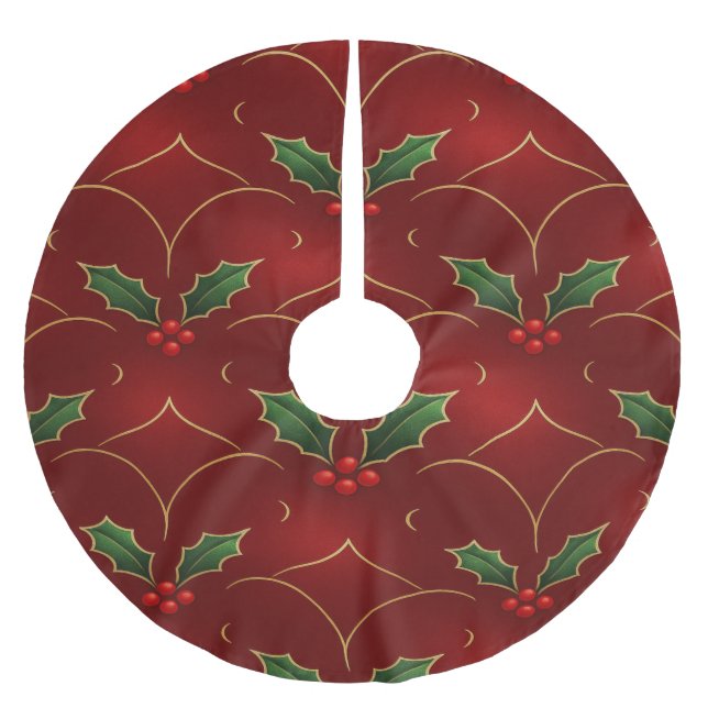 Jupon De Sapin En Polyester Brossé Motif Rouge de Houx – Style de Noël Élégant (Devant)