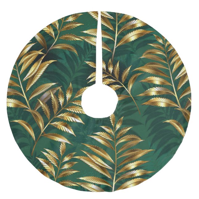 Jupon De Sapin En Polyester Brossé Motif sans couture avec des fougères dorées (Devant)