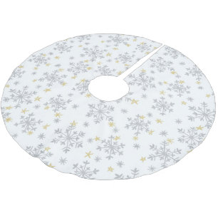 Jupon De Sapin En Polyester Brossé Motif Snowflakes - Argent & Or sur Blanc