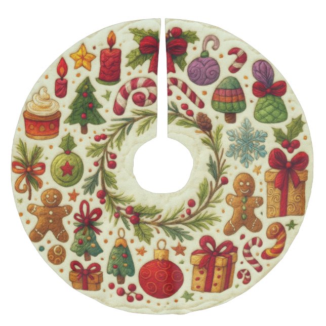 Jupon De Sapin En Polyester Brossé Motifs de Noël à l'air doré (Devant)