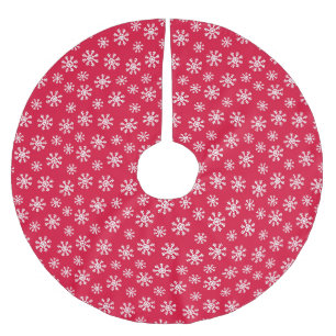 Jupon De Sapin En Polyester Brossé Neige blanche de Noël sur rouge cerise