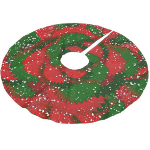 Jupon De Sapin En Polyester Brossé Neige de Noël sur des cercles rouges et verts