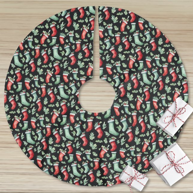Jupon De Sapin En Polyester Brossé Noël à l'aquarelle (Festive Red Green Stockings Christmas Brushed Polyester Tree Skirt)