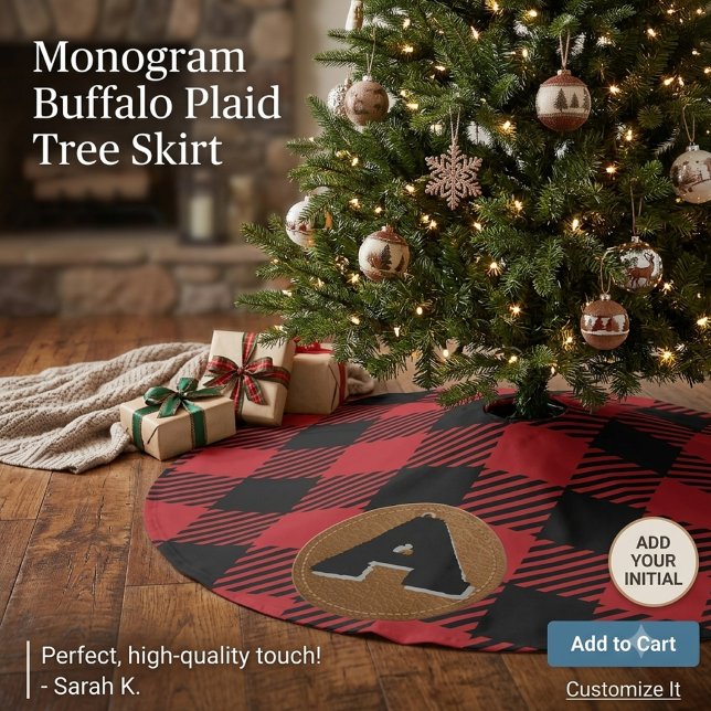 Jupon De Sapin En Polyester Brossé Noël avec plaid buffalo rouge monogrammé  (Créateur téléchargé)