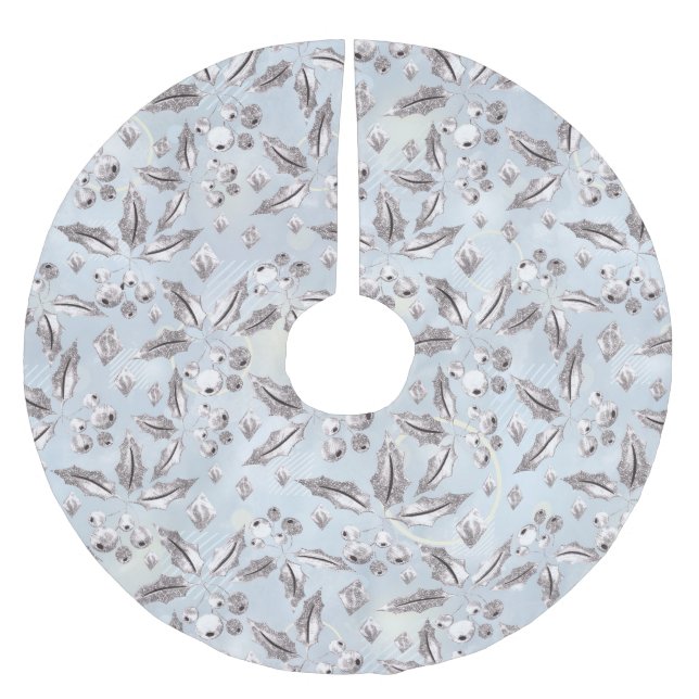 Jupon De Sapin En Polyester Brossé Noël, brindilles argentées, blanc, flocons de neig (Devant)