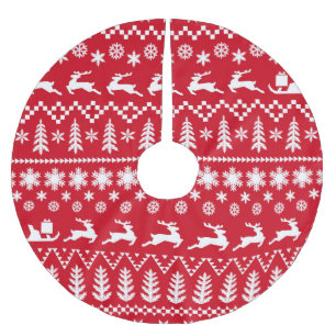 Jupon De Sapin En Polyester Brossé Noël classique : Motif d'hiver blanc rouge