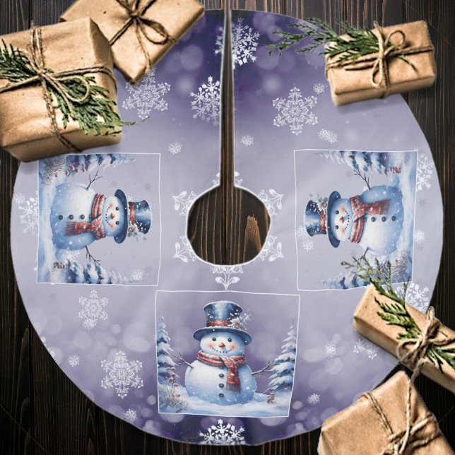 Jupon De Sapin En Polyester Brossé Noël de la forêt d'hiver | Pourpre (Purple Winter Forest Snowman Christmas Tree Skirt)