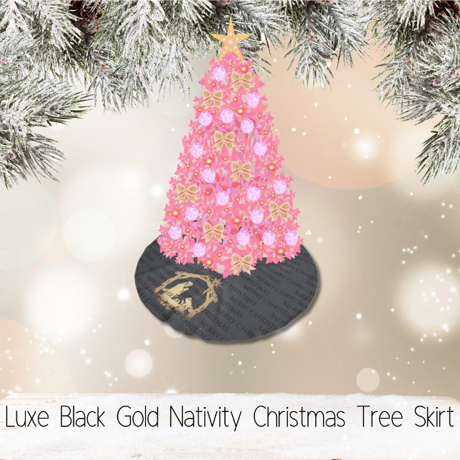Jupon De Sapin En Polyester Brossé Noël de la Nativité Black Gold Luxe (Luxe Black Gold Nativity Christmas Brushed Polyester Tree Skirt)