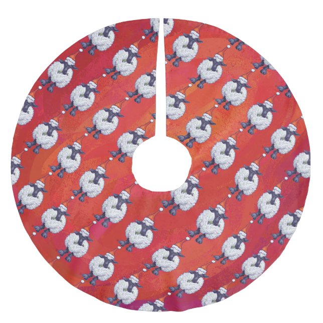 Jupon De Sapin En Polyester Brossé Noël des moutons sur rouge (Devant)