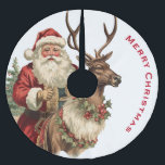 Jupon De Sapin En Polyester Brossé Noël du Père Noël rétro à cheval<br><div class="desc">Jupe d'arbre avec une illustration de Noël amusante. Le Père Noël dans son costume rouge traditionnel chevauchant un grand renne en berger décoré de saint. Un sapin de Noël à l'arrière.</div>