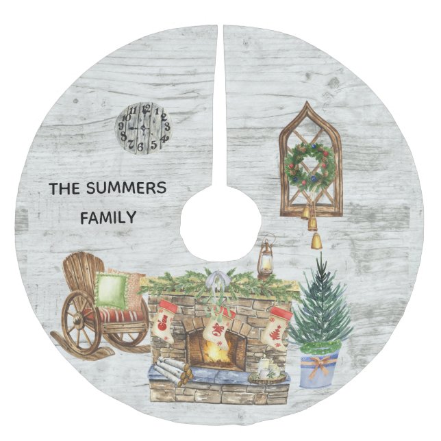 Jupon De Sapin En Polyester Brossé Noël Fermier Aquarelle Rustique Maison de Campagne (Devant)