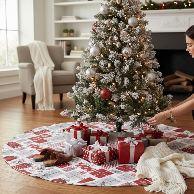 Jupon De Sapin En Polyester Brossé Noël Festif Rouge argent moderne Cadeaux (Créateur téléchargé)