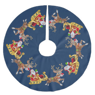 Jupon De Sapin En Polyester Brossé Noël Golden Père Noël Sleigh Reindeer Navy