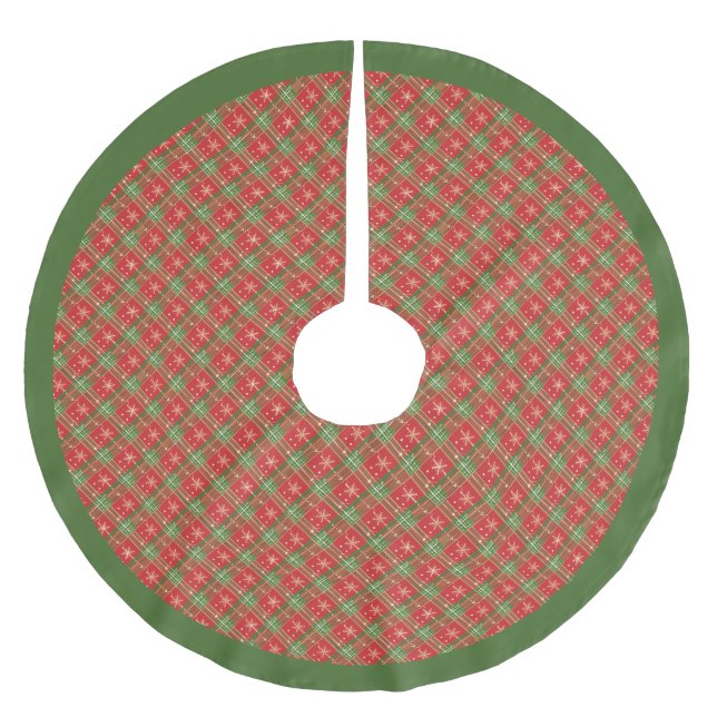 Jupon De Sapin En Polyester Brossé Noël Plaid Rouge, Vert, Or Étoiles (Devant)