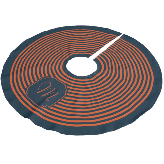 Jupon De Sapin En Polyester Brossé Noël rayé bleu marine orange Monogramme (Angle)
