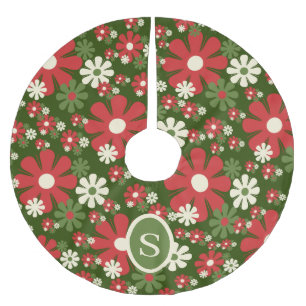 Jupon De Sapin En Polyester Brossé Noël Rétro Floral avec Initiale des années 60-70