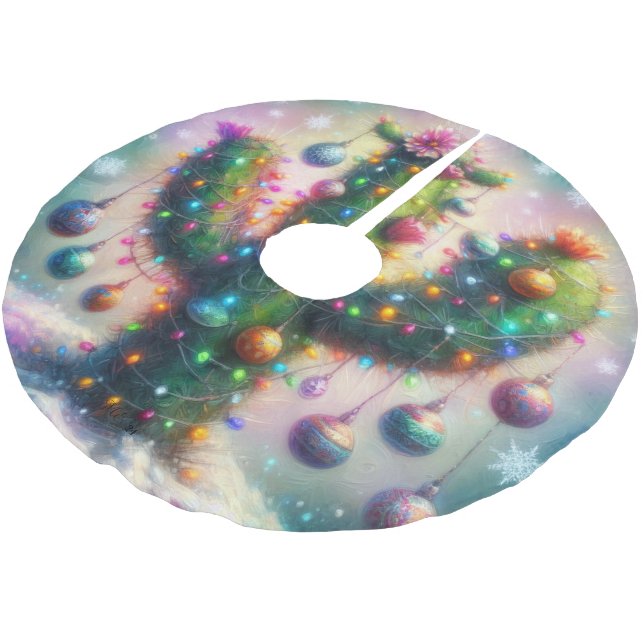 Jupon De Sapin En Polyester Brossé Noël Saguaro Arbre Cactus Whimsical Turquoise rose (Angle)