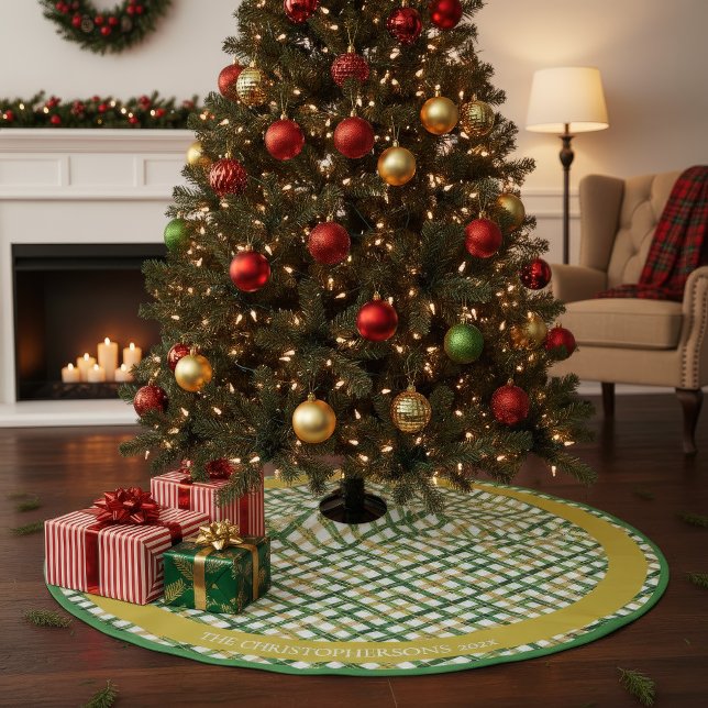 Jupon De Sapin En Polyester Brossé Noël vert or (Gold Green Plaid Monogram Christmas Tree Skirt)