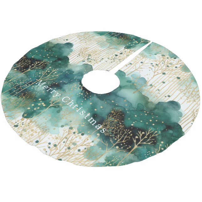 Jupon De Sapin En Polyester Brossé Noël Vert Or Blanc Arbres (Angle)