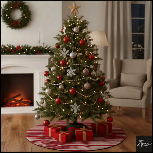 Jupon De Sapin En Polyester Brossé Nœud à rayures diagonales de bonbon rouge et blanc
