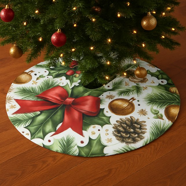 Jupon De Sapin En Polyester Brossé Noeud Rouge de Noël et Verdure  (Style your Christmas tree with a festive red bow tree skirt )