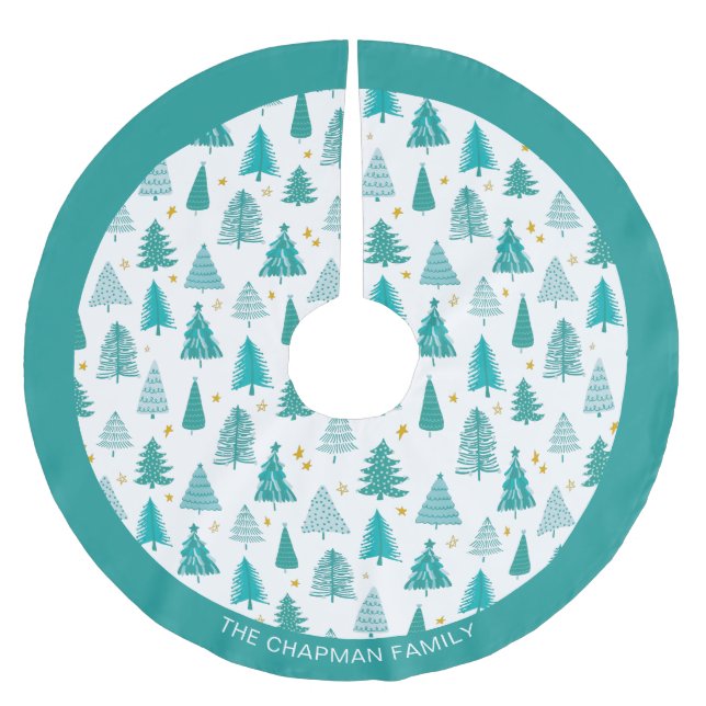 Jupon De Sapin En Polyester Brossé Nom de famille personnalisé Arbre de Noël Turquois (Devant)