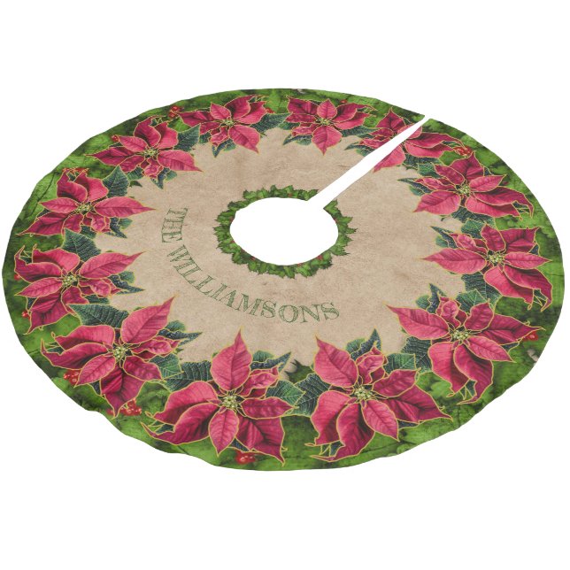 Jupon De Sapin En Polyester Brossé Nom de famille russe Poinsettia Holly Berry Wreath (Angle)