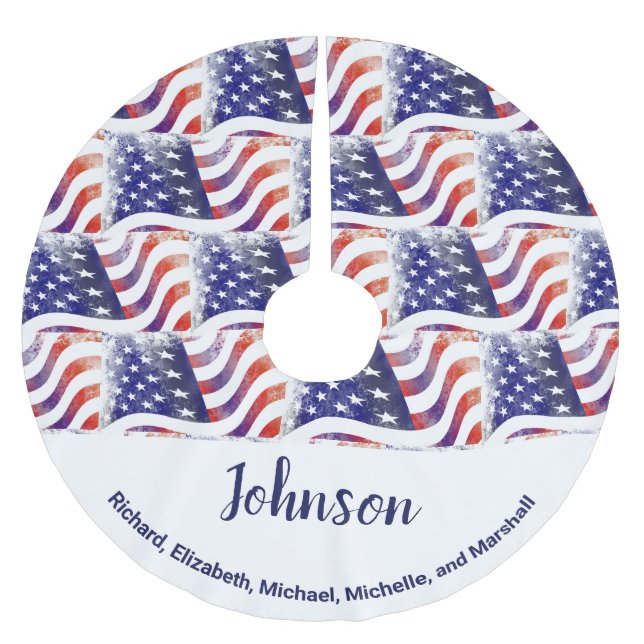 Jupon De Sapin En Polyester Brossé Noms de famille du drapeau américain Noël patrioti (Devant)