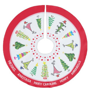 Jupon De Sapin En Polyester Brossé Noms de famille lunaires Arbres de Noël rose rouge
