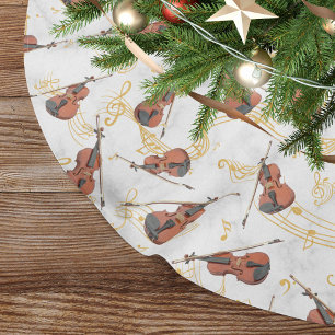 Jupon De Sapin En Polyester Brossé Notes de musique de Noël Violons Gold
